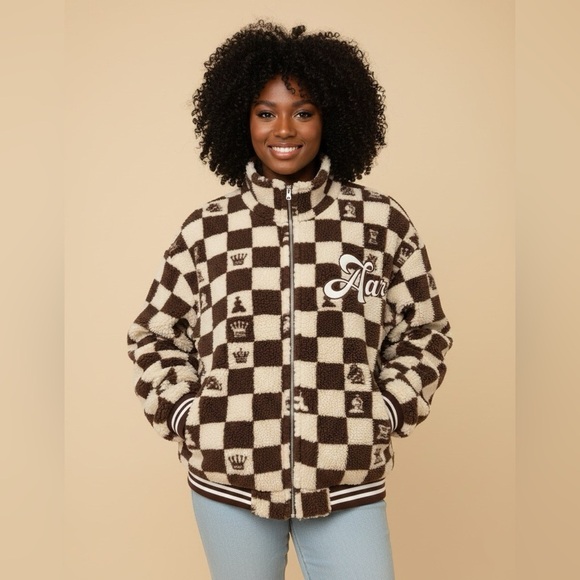 Jackets & Blazers - New Brown and Cream Checkered Fleece Jacket